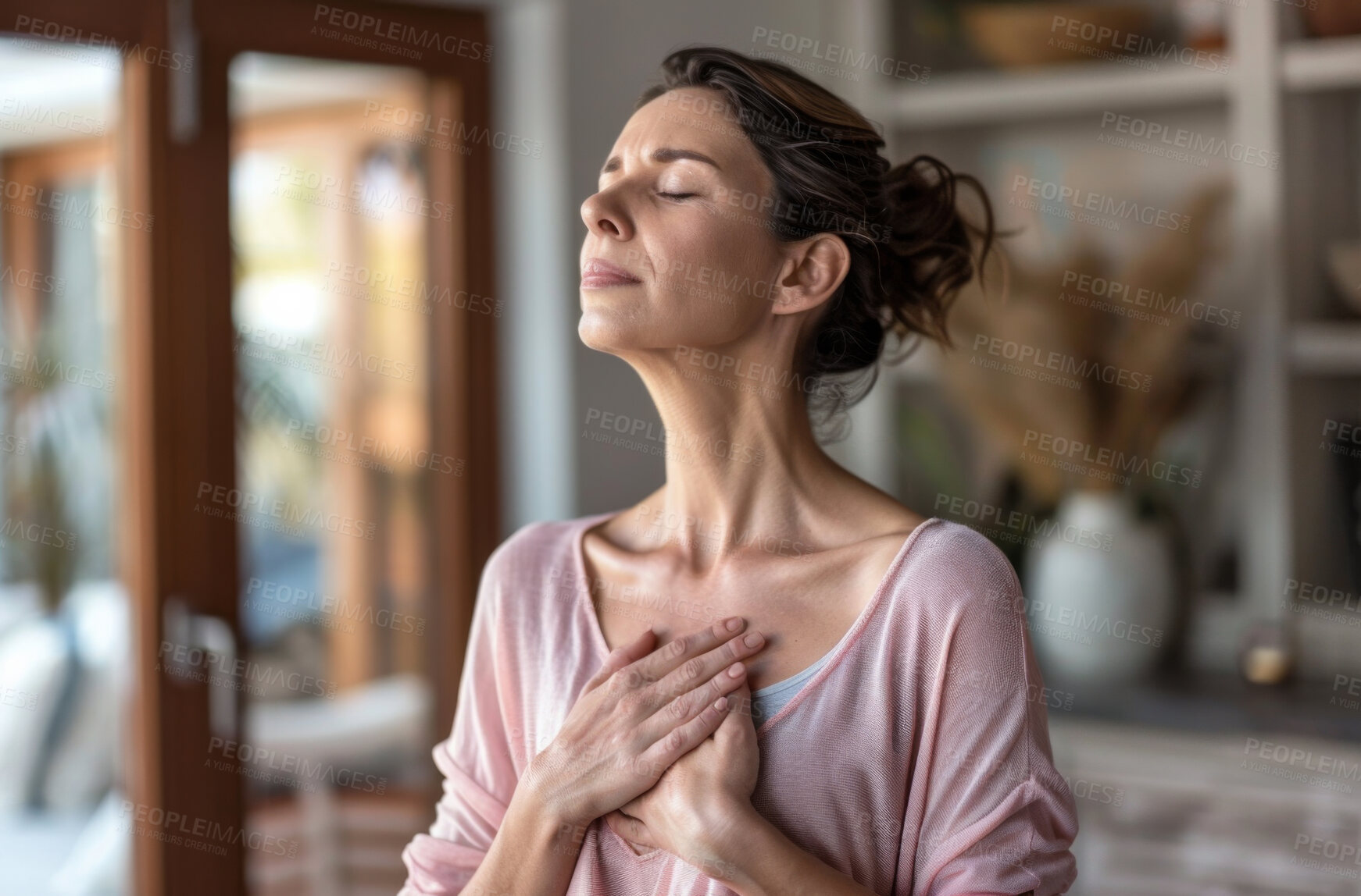 Buy stock photo Gratitude, breathing and woman in home for peace, calm and zen for meditation and balance. Relax, praying and female person with grateful gesture in morning for mindfulness or grounding at apartment.