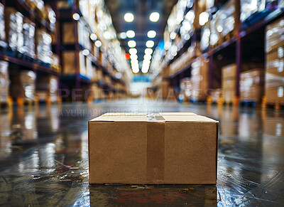 Warehouse, box and packaging for shipping or distribution, delivery for supplier. Logistics, employee and with parcel or product in storehouse, wholesale and factory for manufacturing or cargo