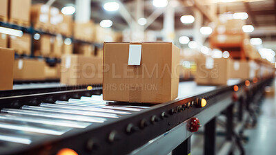 Warehouse, box and conveyor belt for packaging in manufacturing or distribution and delivery. Logistics, supplier and parcel or product in storehouse, wholesale and factory for shipping or cargo