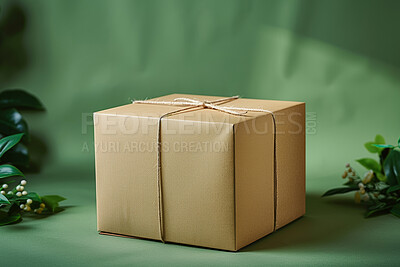 Box, package and distribution delivery in studio for ecommerce supply chain, export or transport. Parcel, green background and online shopping courier or eco friendly shipping, mockup or supplier