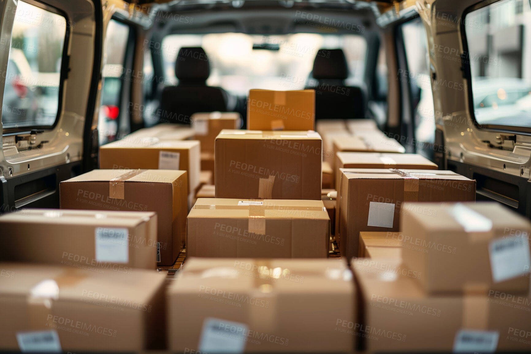 Buy stock photo Boxes, van and delivery service for distribution transport of online shopping, order or supply chain. Vehicle, packages and truck for export shipping or parcel courier as ecommerce, mail or logistics