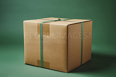 Box, delivery and gift in studio for shipping logistics on green background or ecommerce, package or distribution. Parcel, order or online shopping as retail supply chain or export, courier or import
