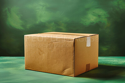 Box, delivery and package in studio for shipping logistics on green background or ecommerce, supplier or distribution. Parcel, order or online shopping for supply chain or export, courier or import