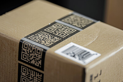 Box, shipping and delivery with QR code to scan, logistics and supply chain with ecommerce. Product, barcode of goods and electronic tag, label and service with online shopping and retail service