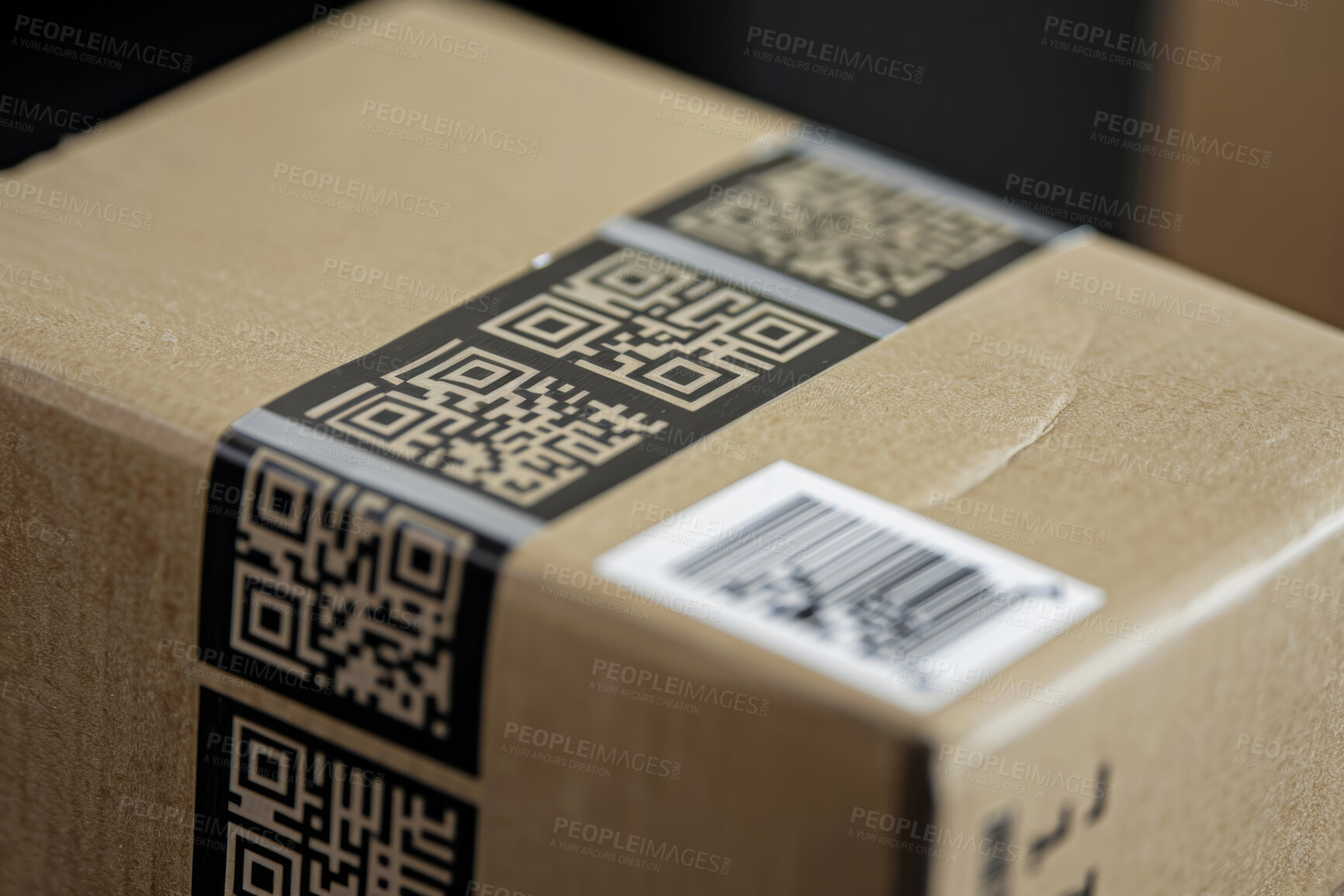 Buy stock photo Box, shipping and delivery with QR code to scan, logistics and supply chain with ecommerce. Product, barcode of goods and electronic tag, label and sticker with online shopping and retail service