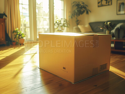 Box, cardboard and room with sunlight in house for moving, delivery and goods storage. Packaging, floor and flare in home living room for logistics, transport and courier services by distribution