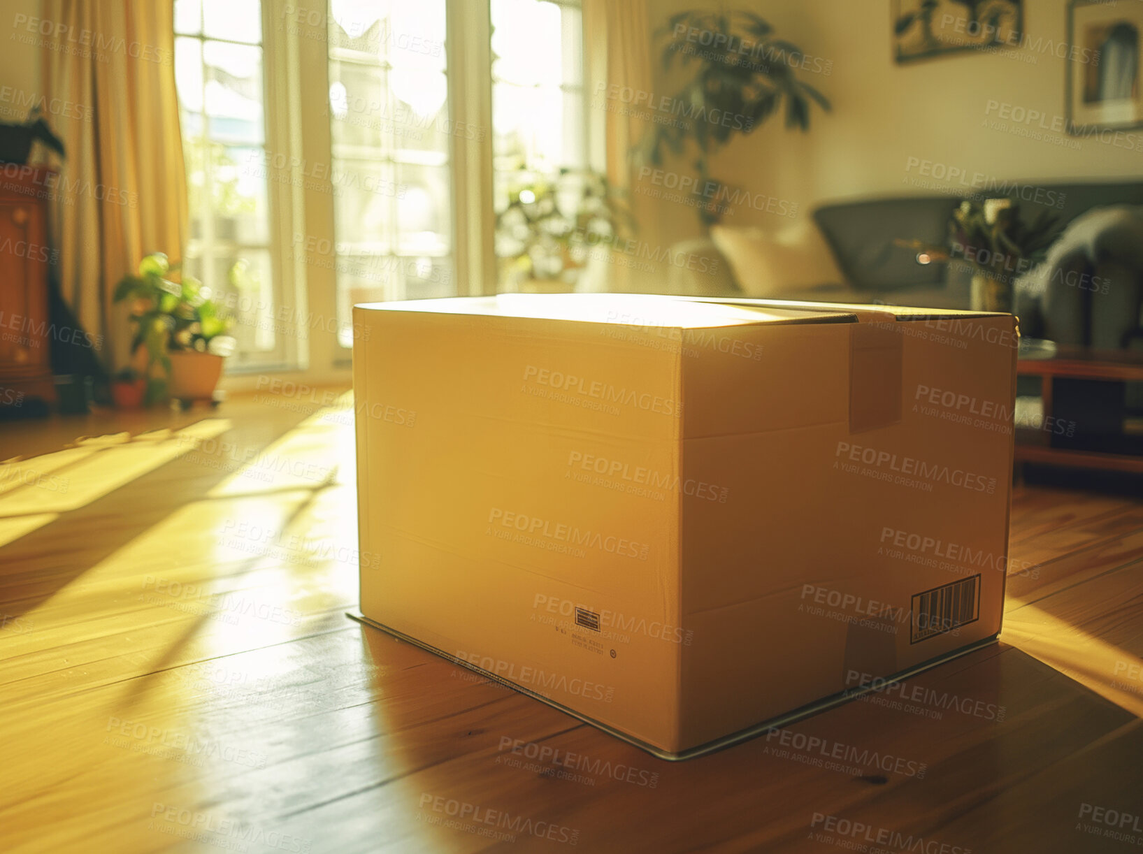 Buy stock photo Box, cardboard and room with sunlight in house for moving, delivery and goods storage. Packaging, floor and flare in home interior lounge for logistics, transport and courier services by distribution