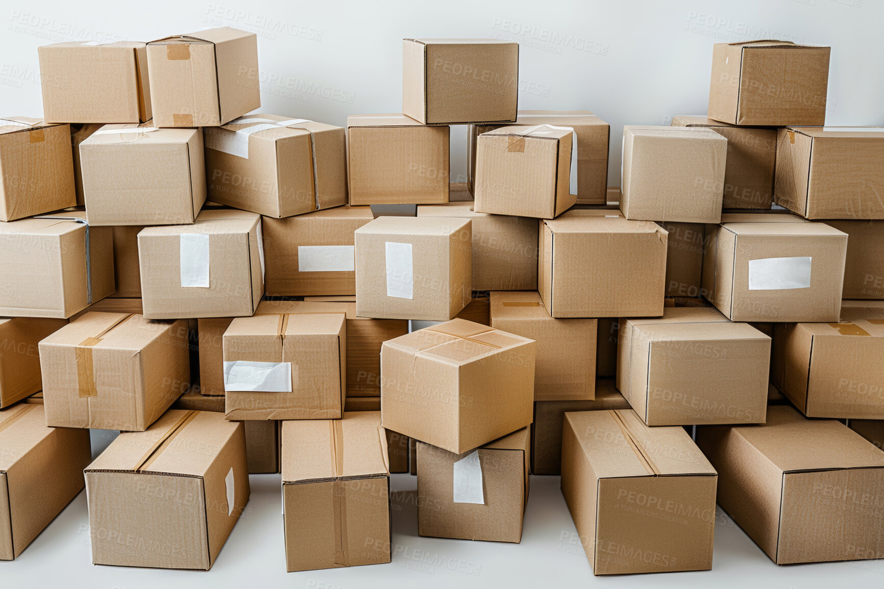 Buy stock photo Cardboard boxes, warehouse and package for logistics distribution for freight business delivery. Supplier, parcel and ecommerce product order in storehouse, wholesale and factory for cargo industry.