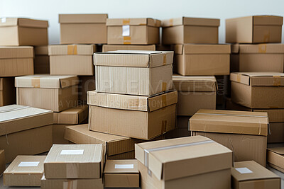 Boxes, cardboard and room with labels in house for moving, delivery and goods storage. Packaging, floor and container in home living room for logistics, transport and courier services by distribution