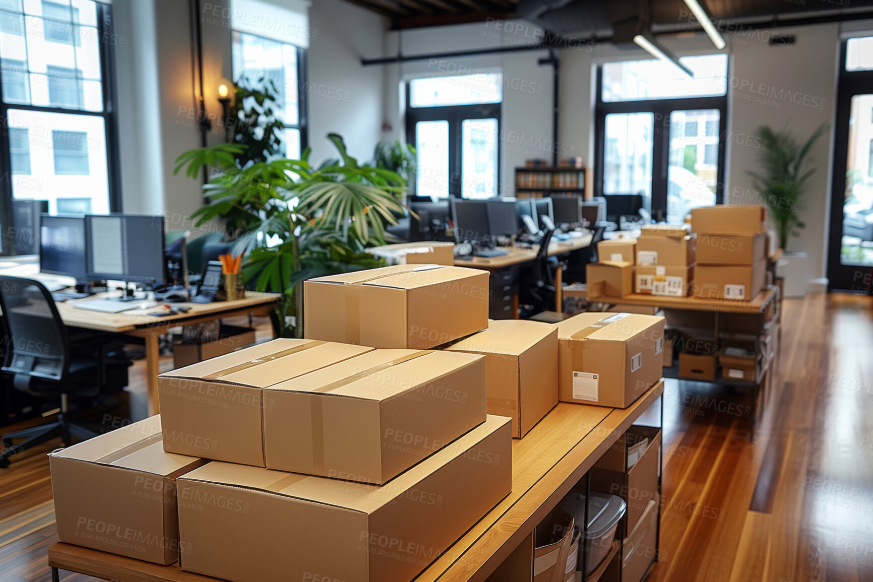 Buy stock photo Cardboard boxes, office and package for logistics distribution for freight business delivery. Supplier, parcel and ecommerce product order in computer, internet and workplace for cargo industry.