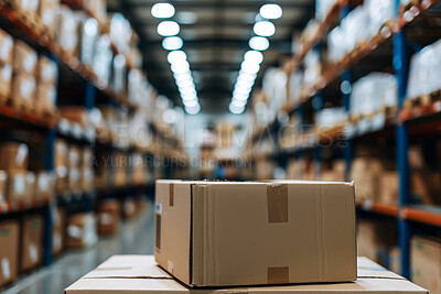 Cardboard boxes, shelves and package in warehouse for logistics distribution for freight delivery. Supplier, parcel and ecommerce product order in storehouse, wholesale and factory for industry.