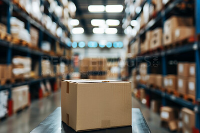 Warehouse, box and packaging for manufacturing or distribution, delivery for supplier. Logistics, employee and with parcel or product in storehouse, wholesale and factory for shipping or cargo