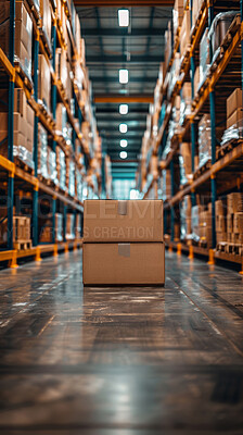 Cardboard boxes, storehouse and package for logistics distribution for freight business delivery. Supplier, parcel and ecommerce product order in warehouse, wholesale and factory for cargo industry.
