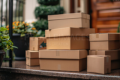 Home, porch and boxes for delivery, ecommerce and purchase for online shopping and logistics. Parcel, house and distribution for commercial shipping, transport and freight service for cardboard cargo