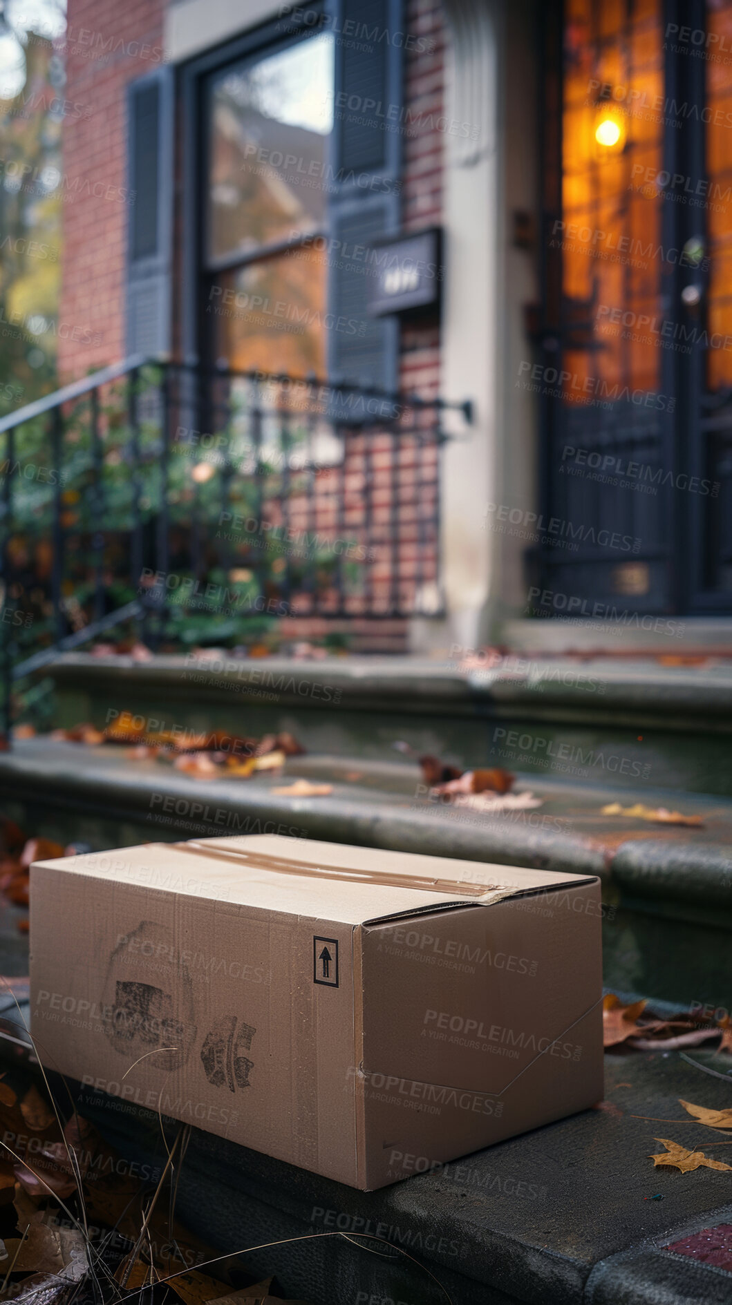 Buy stock photo Home, porch and box with delivery, shipping and purchase for online shopping and logistics. Parcel, house and distribution for commercial ecommerce, transport and freight service for cardboard cargo