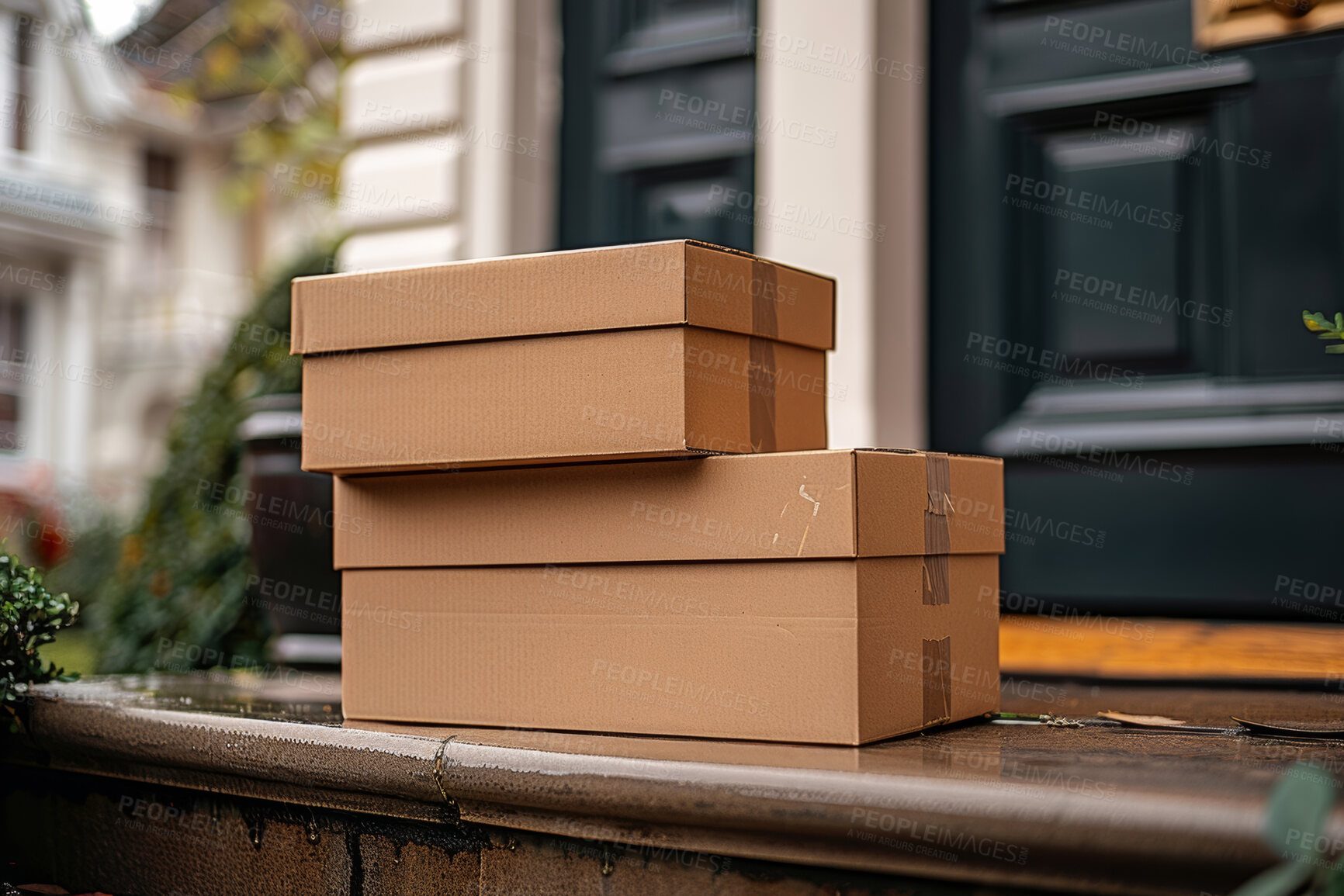 Buy stock photo Home, porch and box with delivery, ecommerce and purchase for online shopping and logistics. Parcel, house and distribution for commercial shipping, doorstep and freight service for cardboard cargo