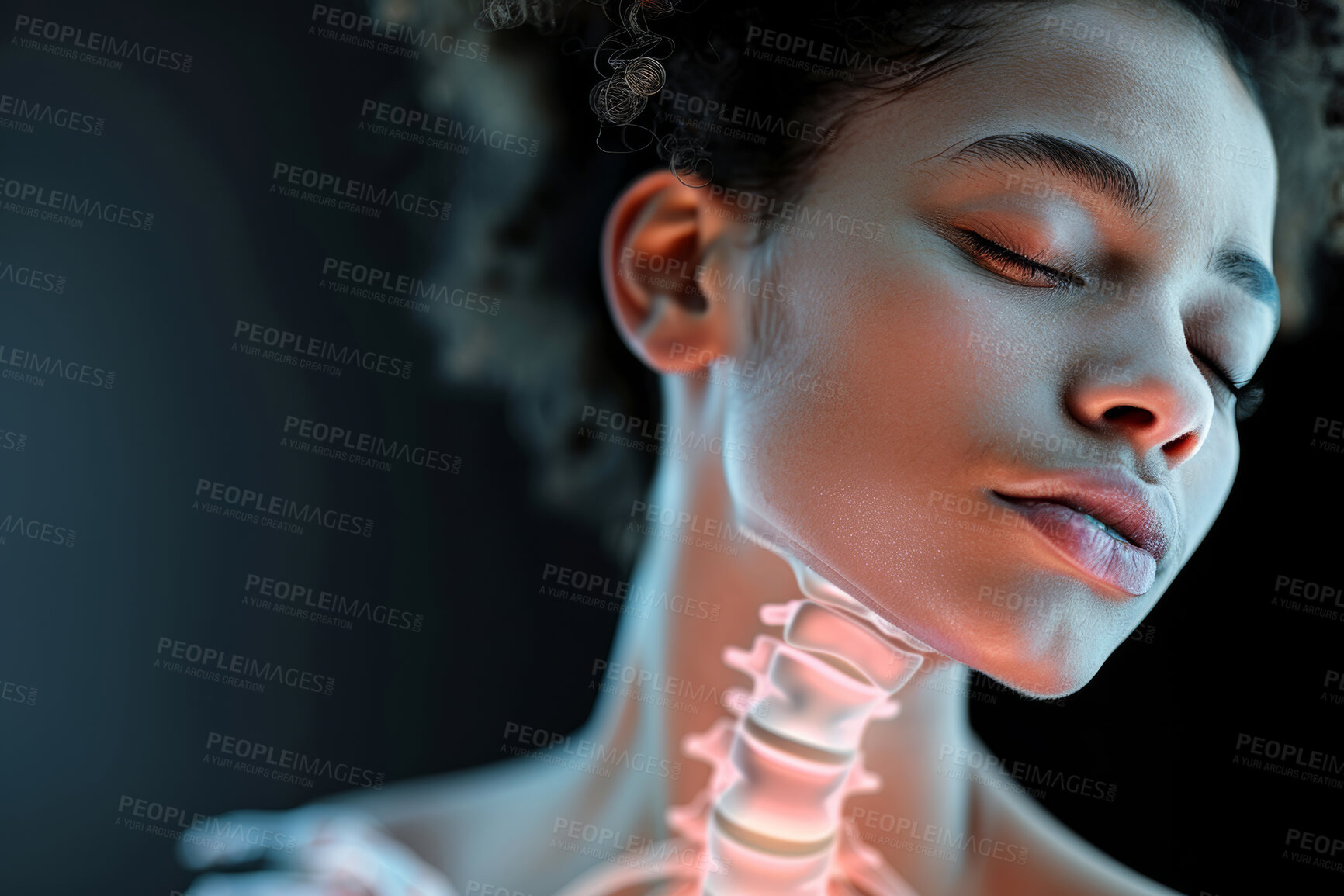 Buy stock photo X ray, neck and body of  girl, exam and study of vocal cords, trachea and cervical vertebrae of skeleton. Anatomy, assessment and check for broken, muscle and spine of bones, analysis and radiology