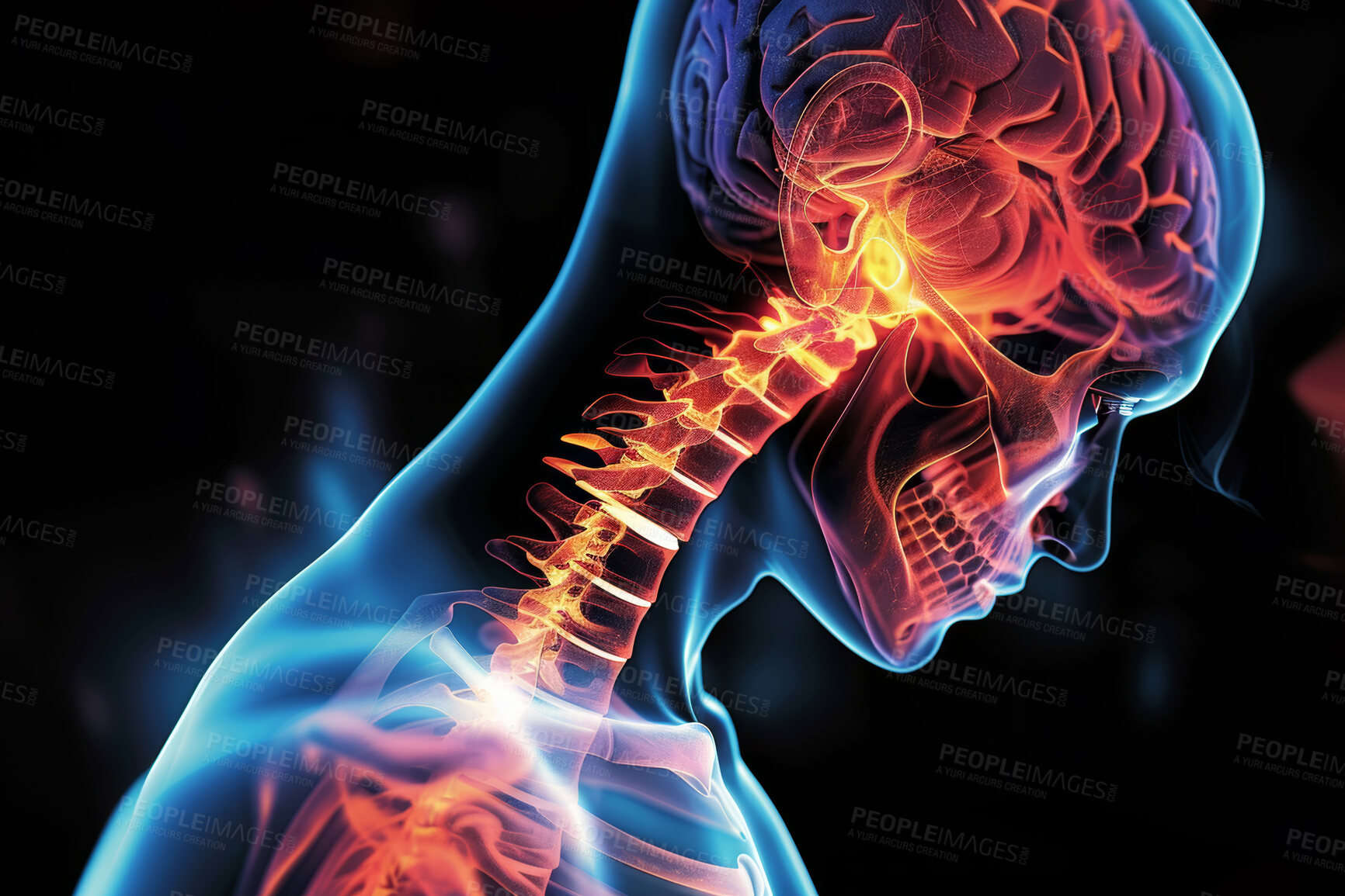 Buy stock photo X ray, brain and body of human, healthcare and exam and study for connection with spine and nerves.  Anatomy, assessment and check with radiology, skeleton and brainstem to control breathing and test