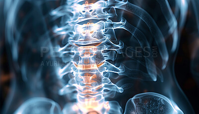 Medical, anatomy and 3d xray of spine with inflammation for osteoporosis, disease or scoliosis. Healthcare, neuroscience and radiology with scan of skeleton for infection, evaluation and examination