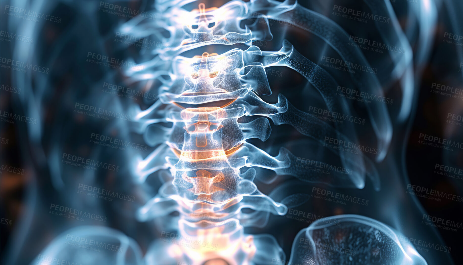Buy stock photo Medical, anatomy and 3d xray of spine with inflammation for osteoporosis, disease or scoliosis. Healthcare, neuroscience and radiology with scan of skeleton for infection, evaluation and examination