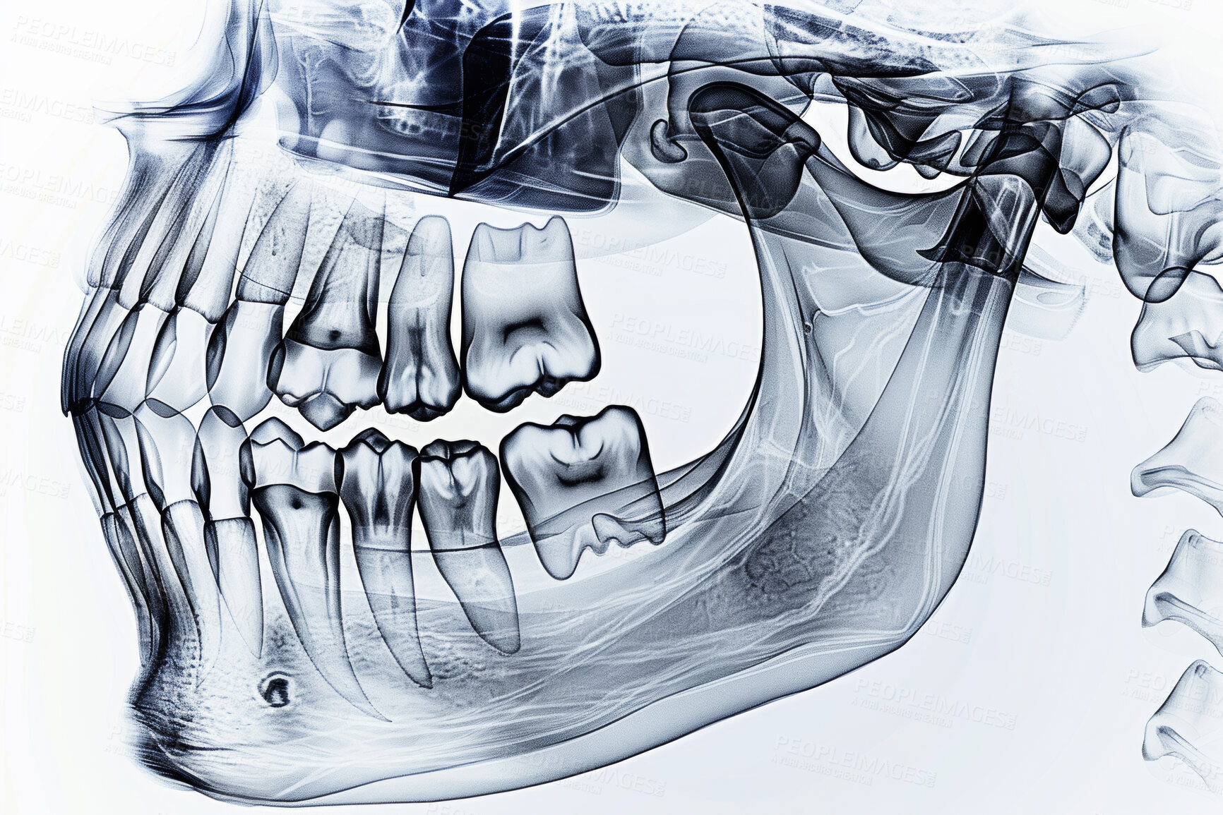 Buy stock photo Dental, xray and illustration of teeth in mouth for healthcare, assessment and oral examination. Medical, 3d scan and skeleton in anatomy with radiology for evaluation, investigation and surgery
