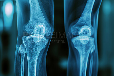 X ray, anatomy and human knee on film, body injury and skeleton and vertebrae for radiology examination. Joints, electromagnetic radiation and bone image or internal structure, assessment for break