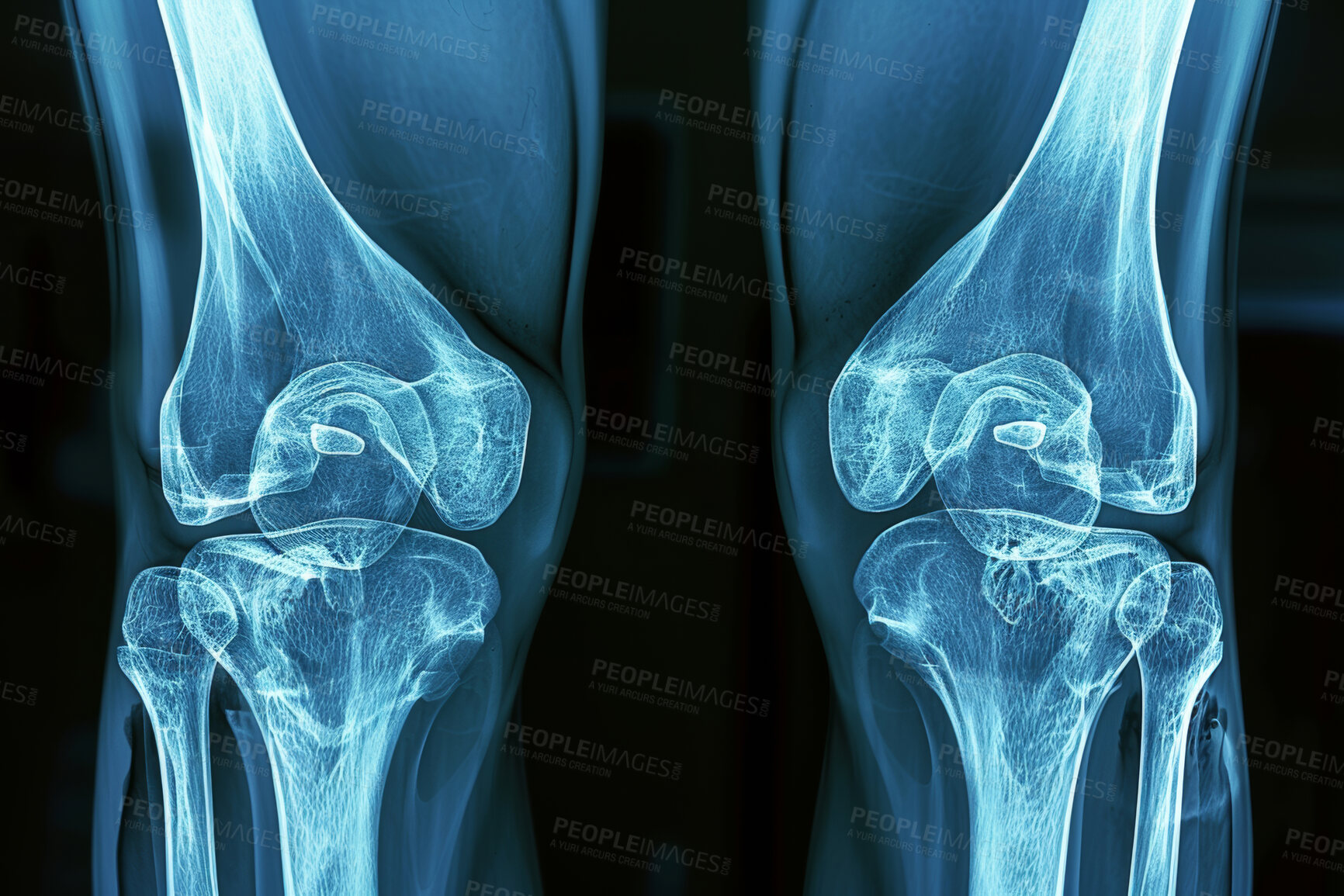 Buy stock photo X ray, anatomy and healthcare or knee on film, body injury and skeleton and medical for radiology examination. Joints, electromagnetic radiation and bone image or structure, assessment for break