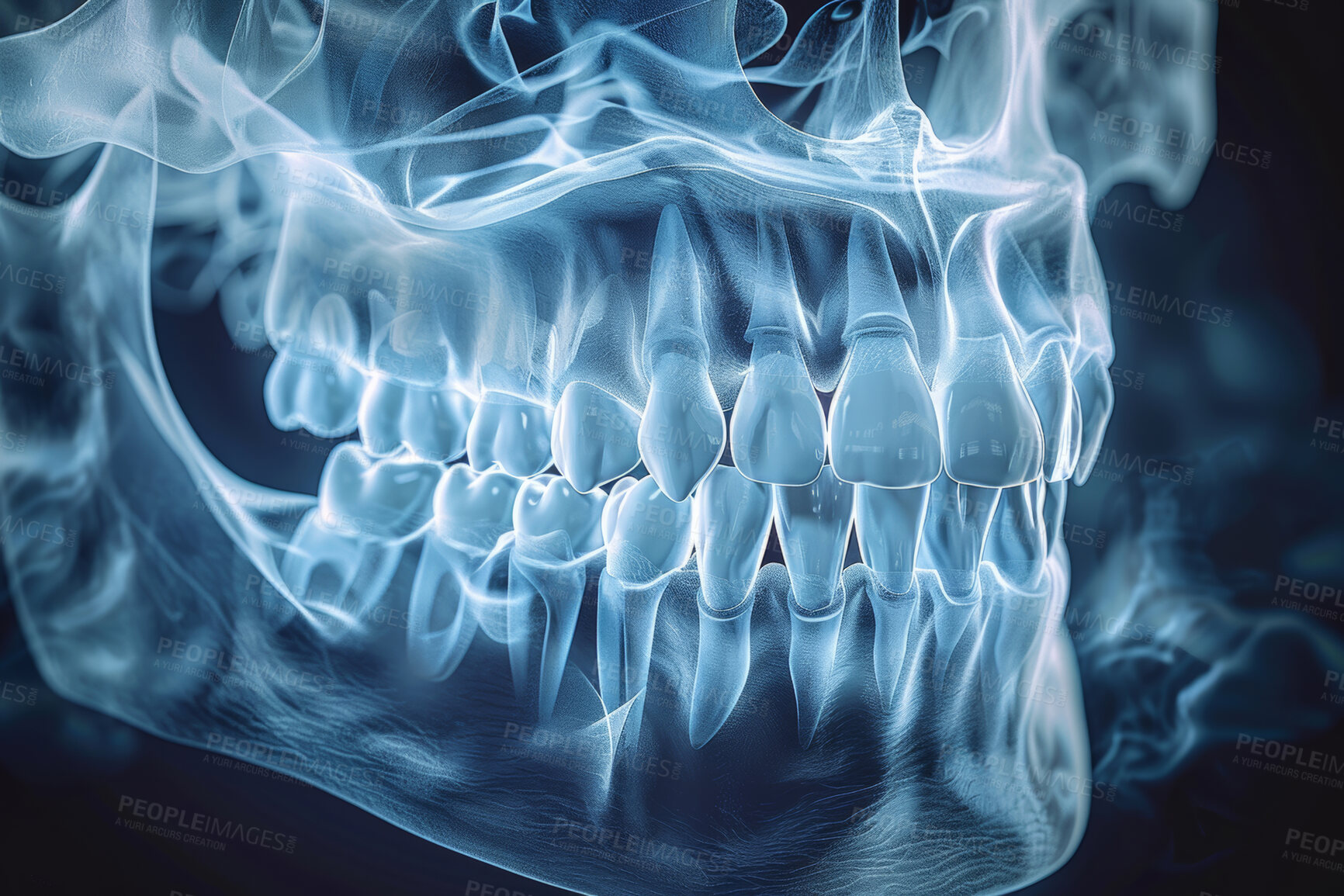 Buy stock photo Jaw, bone and dental x ray with future dentistry, AI and technology for healthcare with oral anatomy. Teeth, medical results and radiology with 3D skeleton, virtual reality surgery and orthodontics