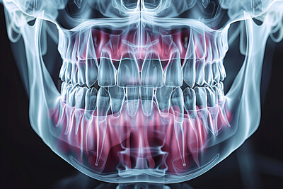 Jaw, teeth and dental x ray with future dentistry, AI and technology for healthcare with oral anatomy. Bone, medical results and radiology with skeleton, virtual reality surgery and orthodontics