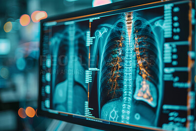 Ai, healthcare or screen for digital Xray of lungs at hospital for science, research or cancer study. Futuristic, innovation or patient chest scan for planning transplant surgery with robot assistant
