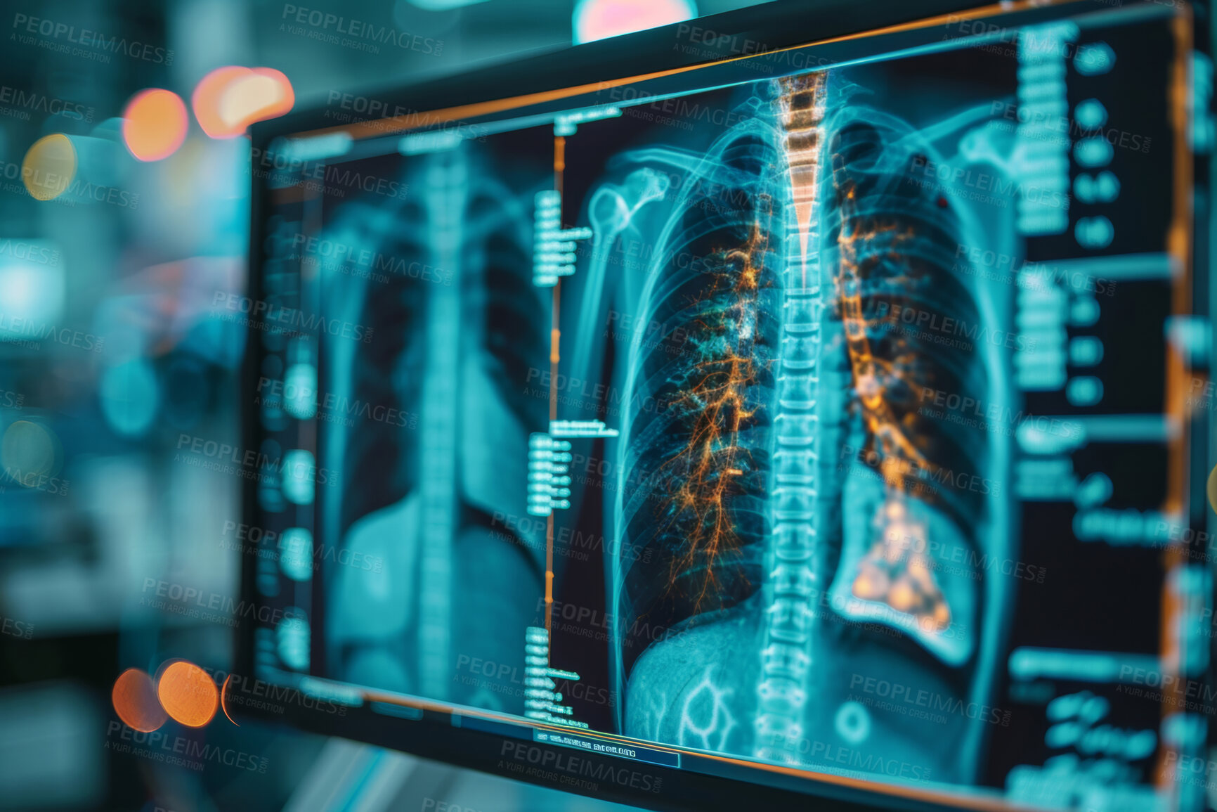 Buy stock photo Ai, healthcare or screen for digital Xray of lungs at hospital for science, research or cancer study. Futuristic, innovation or patient chest scan for planning transplant surgery with robot assistant