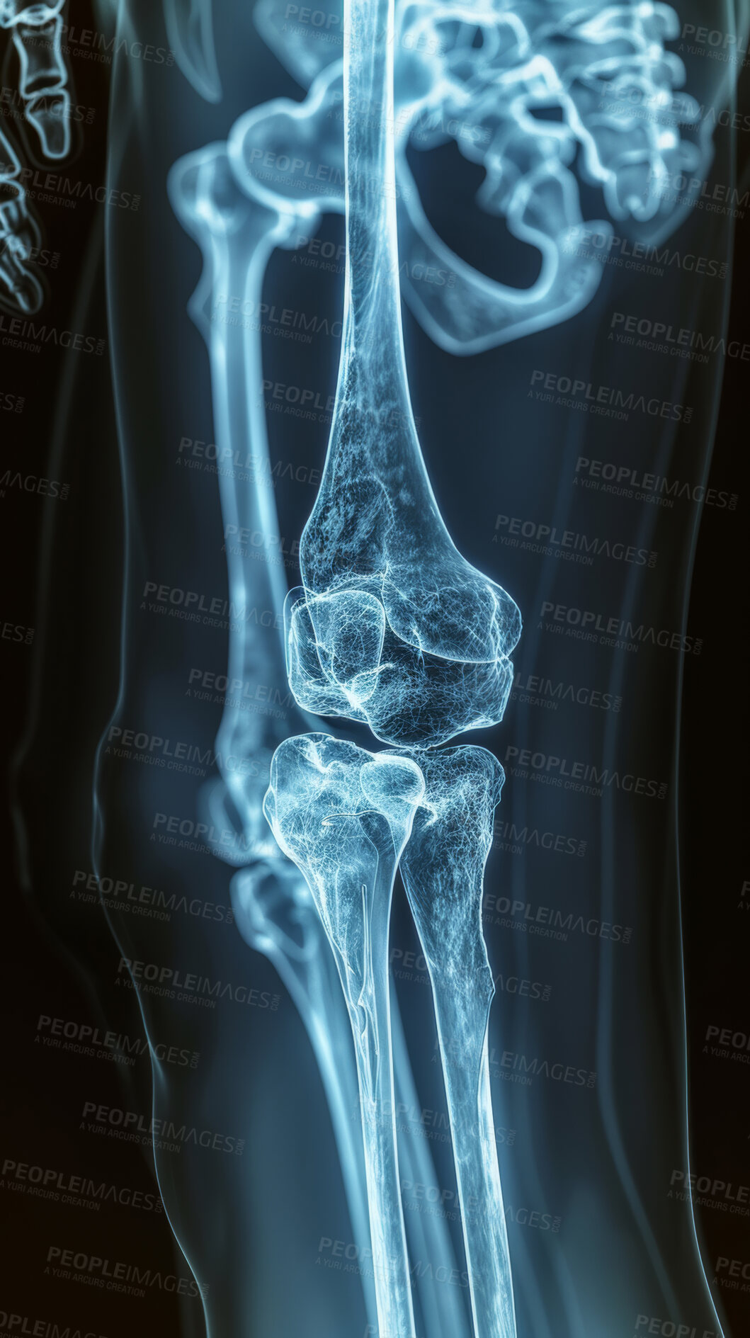 Buy stock photo X ray, anatomy and human leg on film, body injury and skeleton and knee for radiology examination. Joints, electromagnetic radiation and bone image or internal structure, assessment for break