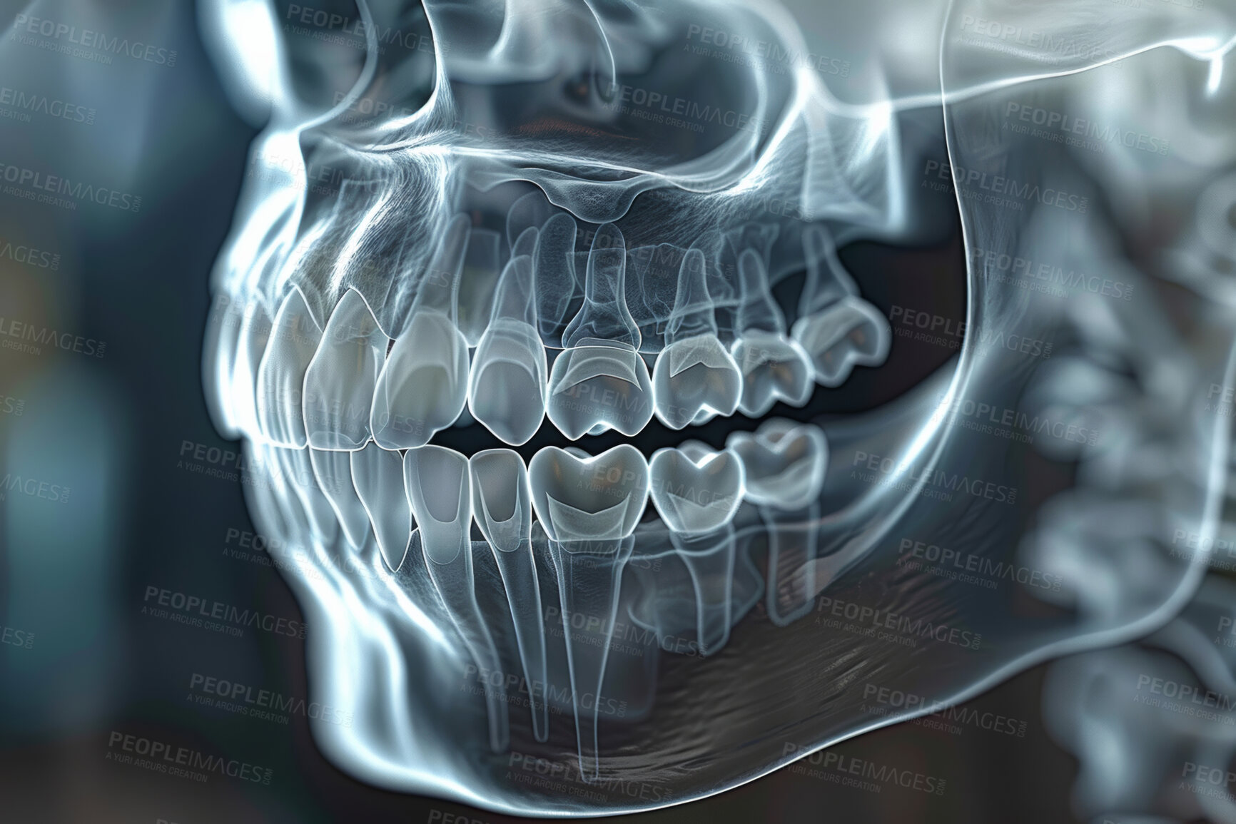 Buy stock photo Dental, scan and illustration of teeth in mouth for radiology, assessment and oral examination. Medical, 3d xray and skeleton in anatomy with healthcare for surgery, investigation and evaluation