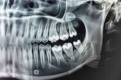 Medical, xray and illustration of teeth in mouth for wisdom tooth, growth and dental examination. Anatomy, radiology and dentistry in healthcare with scan for root canal, assessment and evaluation