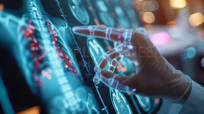Person, hands and medical xray of lungs with fluid, asthma or cancer for research of anatomy with hologram. Doctor, finger and future medicare with dashboard for analytics and planning healthcare