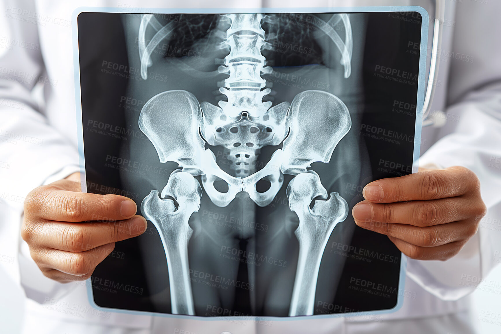 Buy stock photo Hands, doctor and xray with bone scan, healthcare and orthopedic surgeon with person in medicine. Radiology, skeleton and medical procedure with health, anatomy and strategy for surgery with results