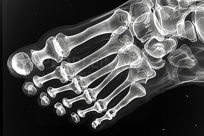 Xray, anatomy and foot skeleton on film, human body and assessment for radiology examination. Joints, electromagnetic radiation and bone image or internal structure, polydactyly abnormality or defect