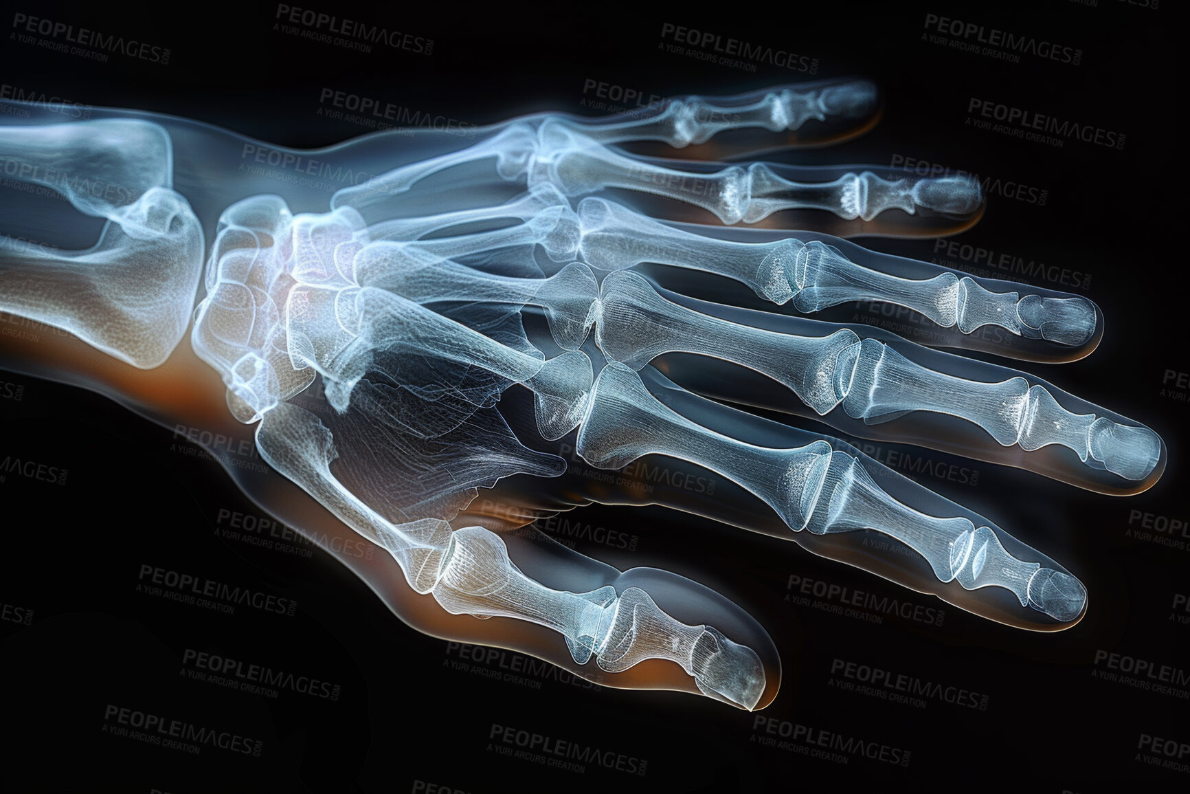 Buy stock photo Xray, anatomy and hand with arthritis on film, body pain and skeleton and radiology examination. Joints, electromagnetic radiation and bone image or internal structure, assessment and inflammation