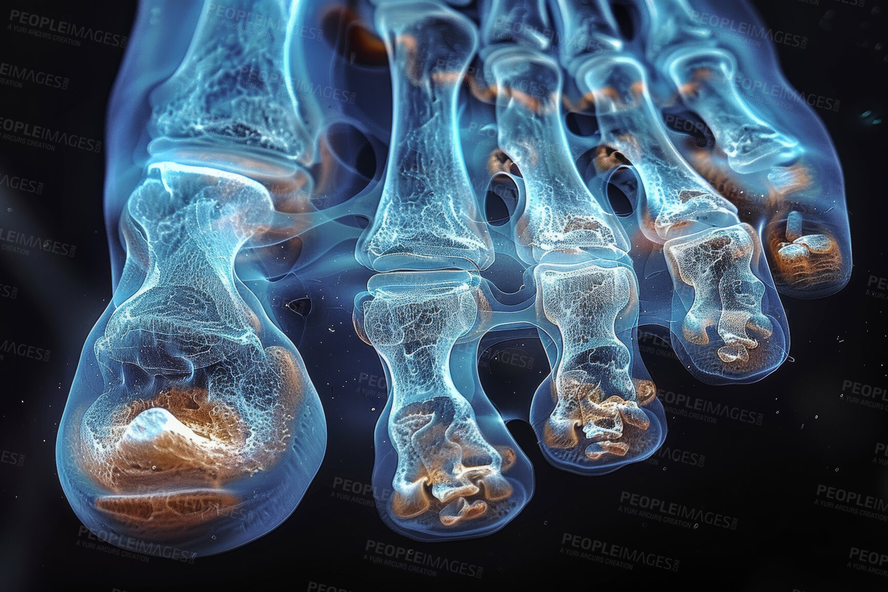 Buy stock photo Healthcare, science and digital xray of foot for research, innovation and analysis of joint, bone or graph study. Hospital, education and hologram of human toes for gout, healing or cancer surgery