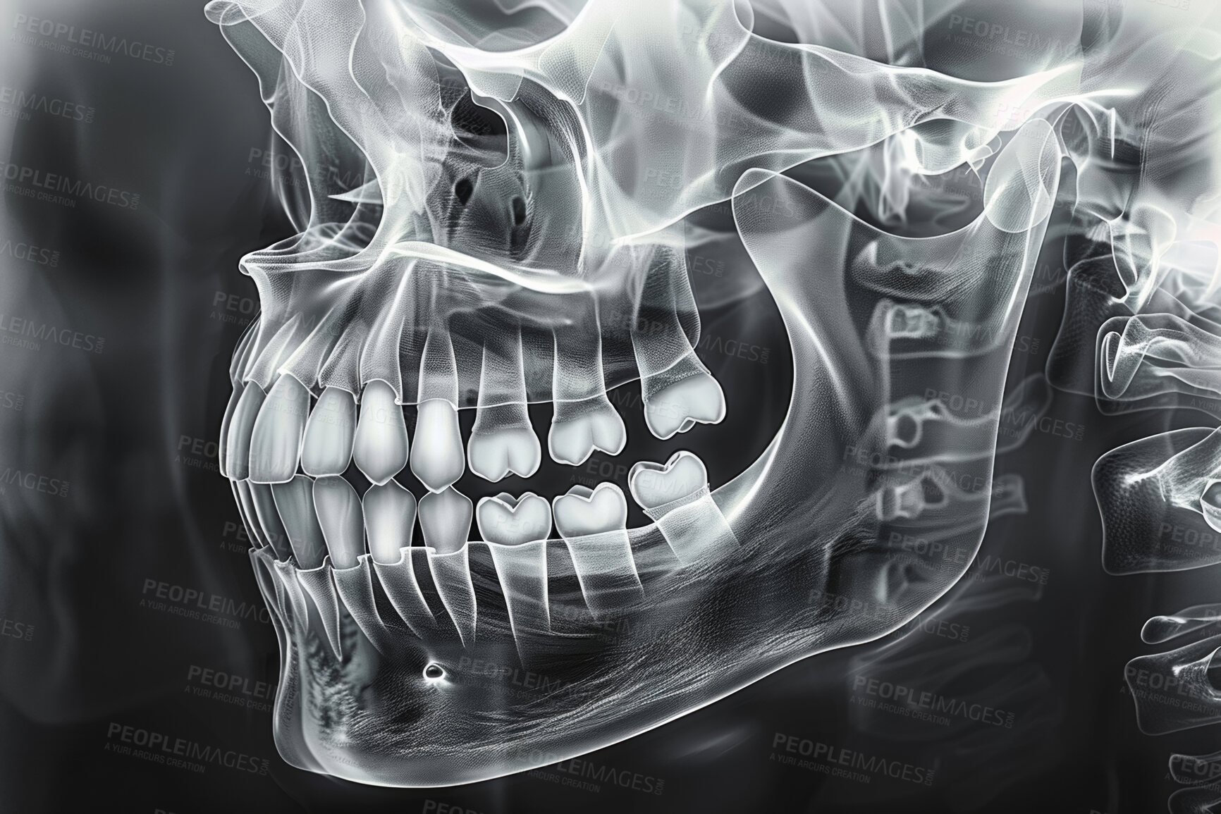 Buy stock photo Film, x ray or skull with light for medical graphic, surgery or injury with healthcare. Radiography, head or anatomy with scan or inspection of human jaw, dental or transplant on teeth in hospital