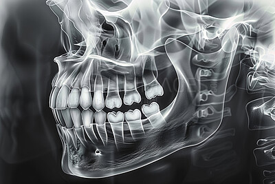Film, x ray or skull or isolated for medical graphic, surgery or injury with healthcare. Radiography, head or anatomy or profile or alone, inspection of human with damage to nose or teeth in hospital