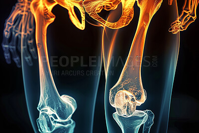 Skeleton, legs and x ray of pelvis on black background for injury assessment, bone diagnostic or osteoporosis. Radiography, medical imaging and glow for inflammation, arthritis and scan of anatomy.