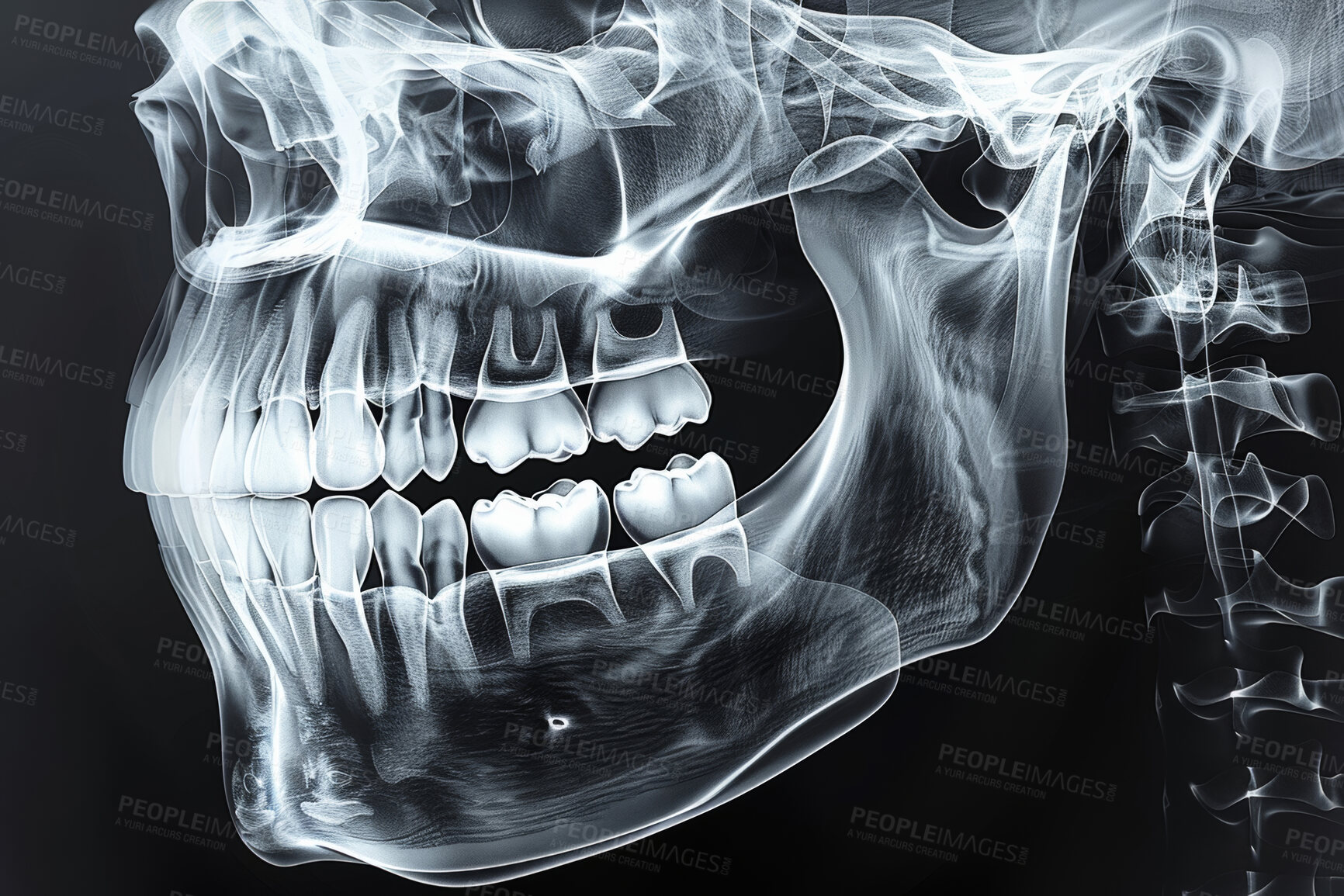 Buy stock photo Closeup, dental xray and jaw with teeth, healthcare and surgery for dentistry medicine. Radiology, skeleton and medical procedure with health, anatomy and strategy for treatment with orthodontics