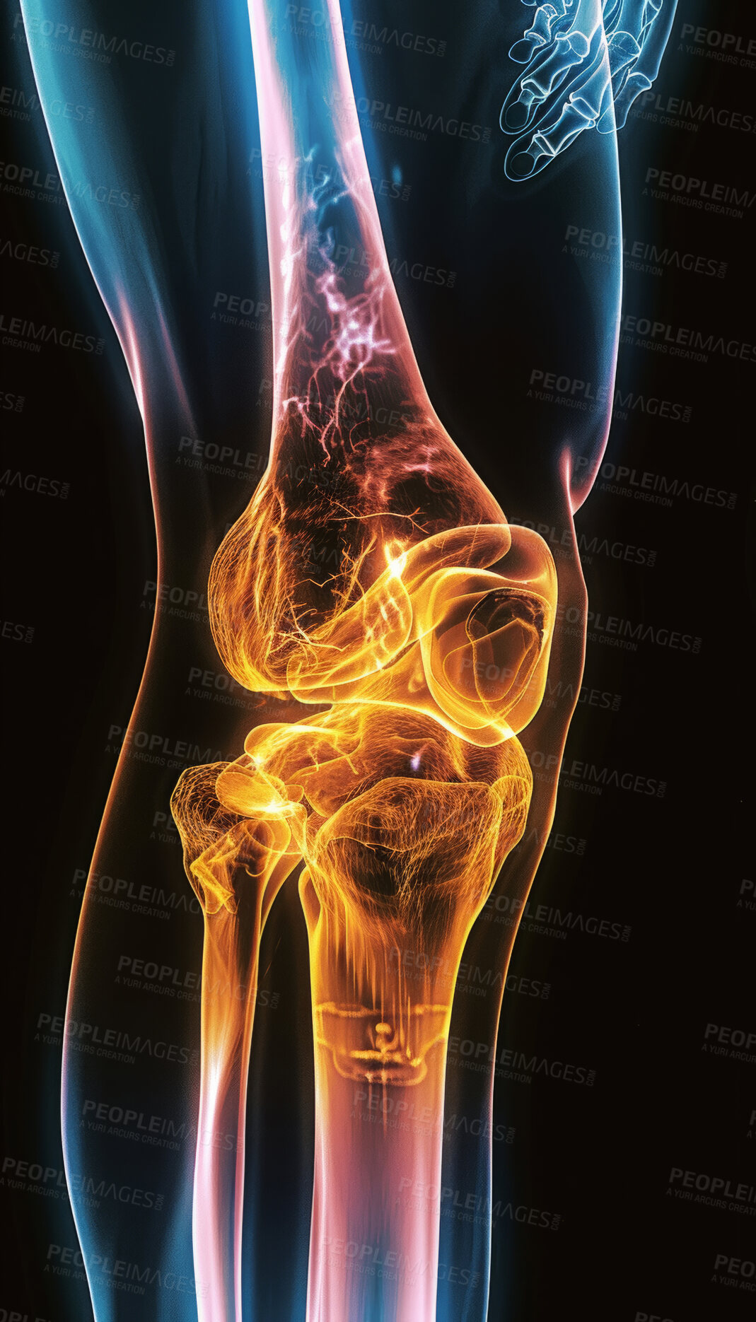 Buy stock photo Skeleton, legs and x ray of knee on black background for injury assessment, bone diagnostic or osteoporosis. Radiography, medical imaging and glow for inflammation, arthritis and scan of anatomy.