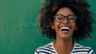 Mockup, laugh and woman by green background with face, excited or mind blown with good news. Happy, female person and cheerful reaction for announcement, gossip or funny on studio with backdrop