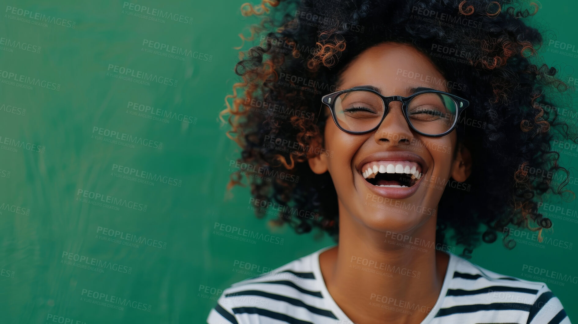 Buy stock photo Mockup, laugh and black woman by green background with face, excited or mind blown with good news. Happy, female person or cheerful reaction for announcement, gossip or funny on studio with backdrop