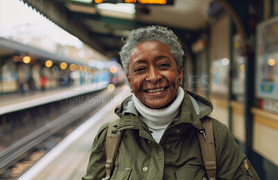 Black woman, mature and portrait in train station or travel commute in city, infrastructure or subway. Female person, face and public transportation as tourist in United States, platform or explore