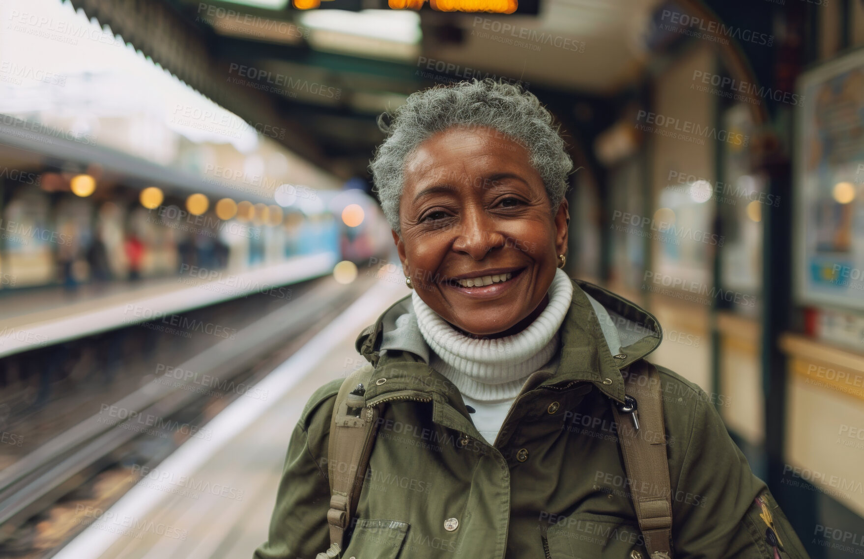 Buy stock photo Black woman, mature and portrait in train station or travel commute in city, infrastructure or subway. Female person, face and public transportation as tourist in United States, platform or explore