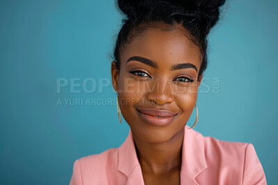 Buy stock photo Black woman, portrait and employee in studio, designer and work pride on blue background. Female person, entrepreneur and mockup space for professional, confident and career opportunity in Nigeria