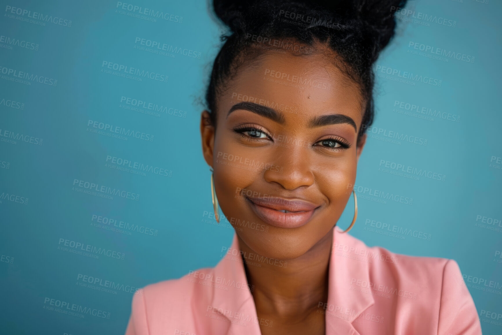 Buy stock photo Black woman, portrait and employee in studio, designer and work pride on blue background. Female person, entrepreneur and mockup space for professional, confident and career opportunity in Nigeria